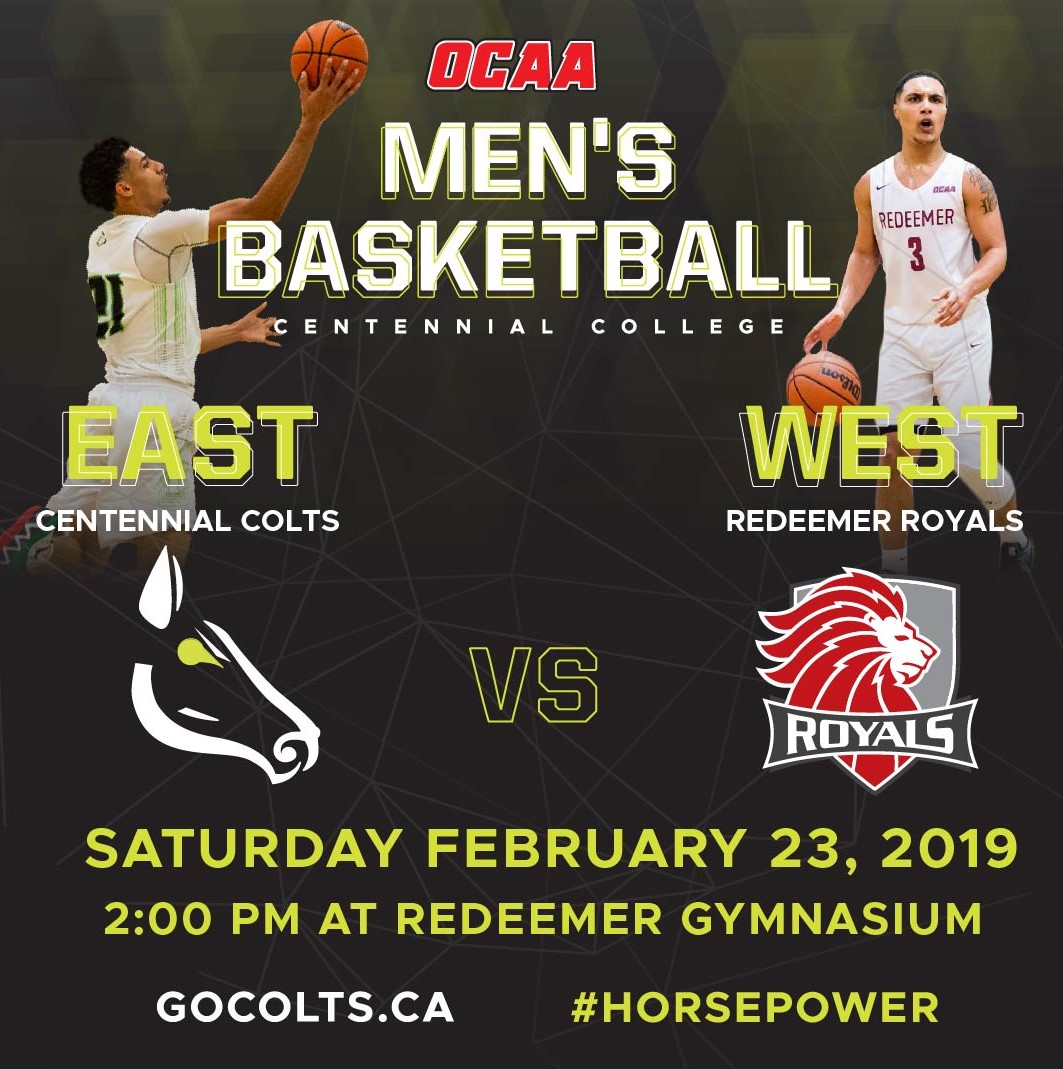 Centennial Colts vs Redeemer Royals. A trip to the OCAA Championships is at stake as the two teams battle it out Saturday afternoon at Redeemer Gymnasium.

Pictured from left to right: Kyrin Henlin (Centennial), Elijah Lostracco (Redeemer)