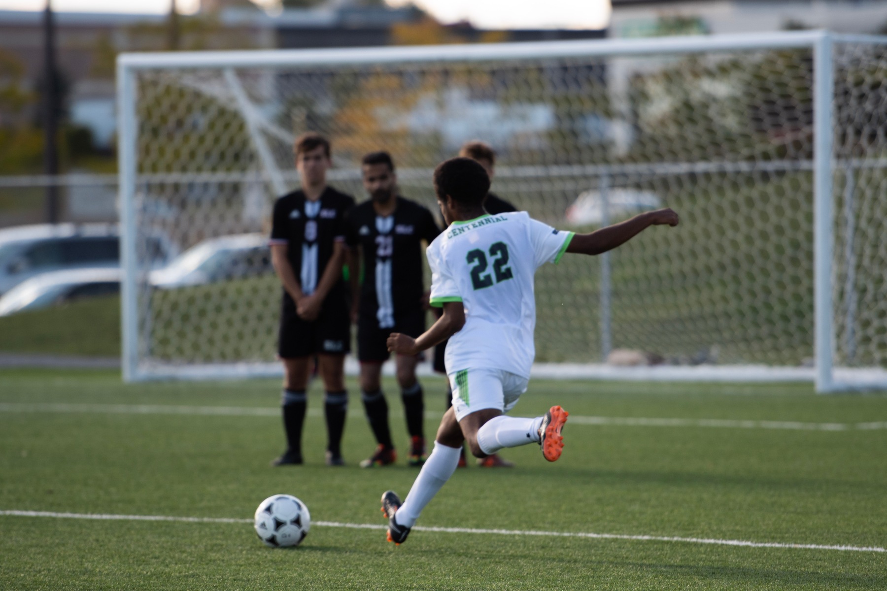 The Colts' Terrell Roberts goes for goal on a free kick attempt during second half action between Centennial and the St. Lawrence Vikings. The home team controlled the pace in the 3-0 victory over the Vikings (Via Dulay/Sports Information Officer)
