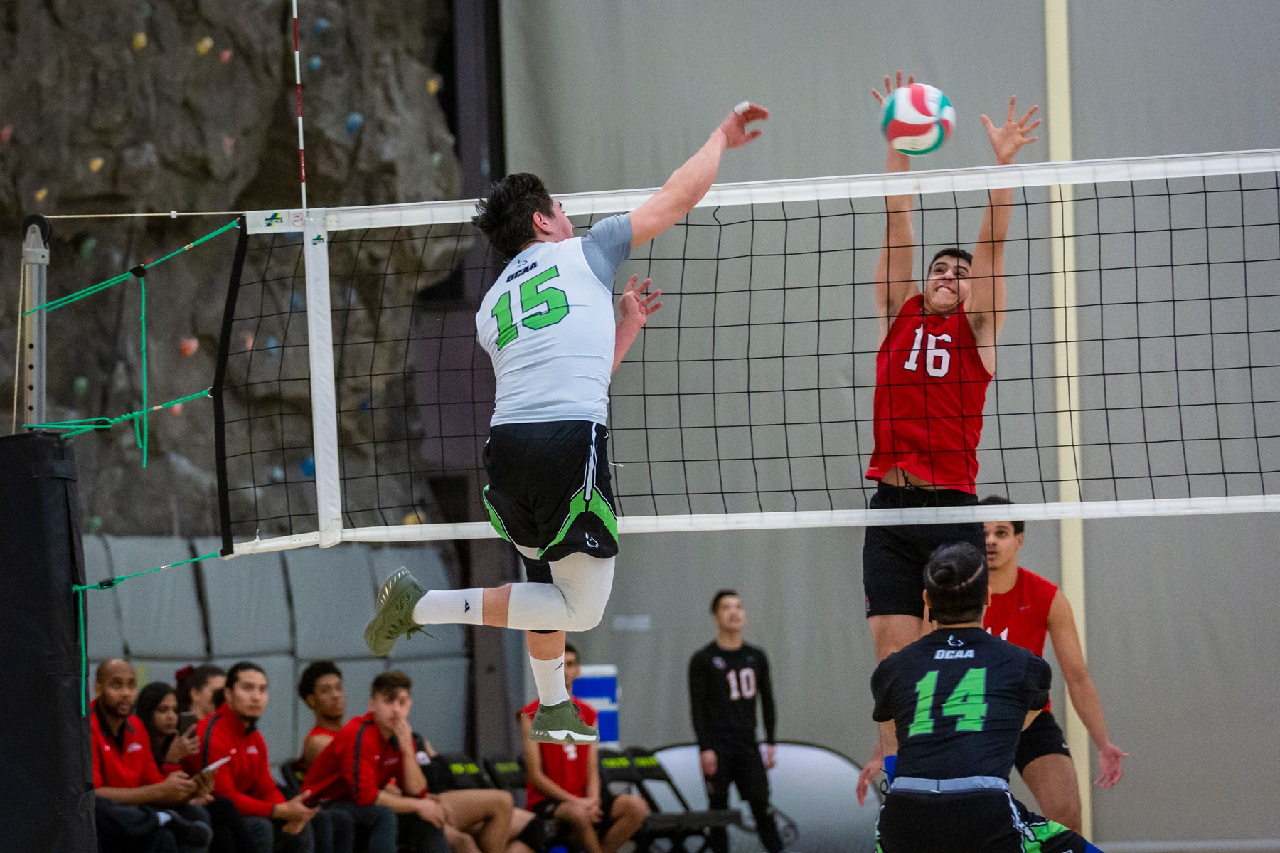 Jason Fillion of the Centennial Colts goes up for a kill during game action against the Seneca Sting at the Athletic and Wellness Centre. Fillion had a game high 15 points for the Colts in defeat. (John Theurer/Colts Media)