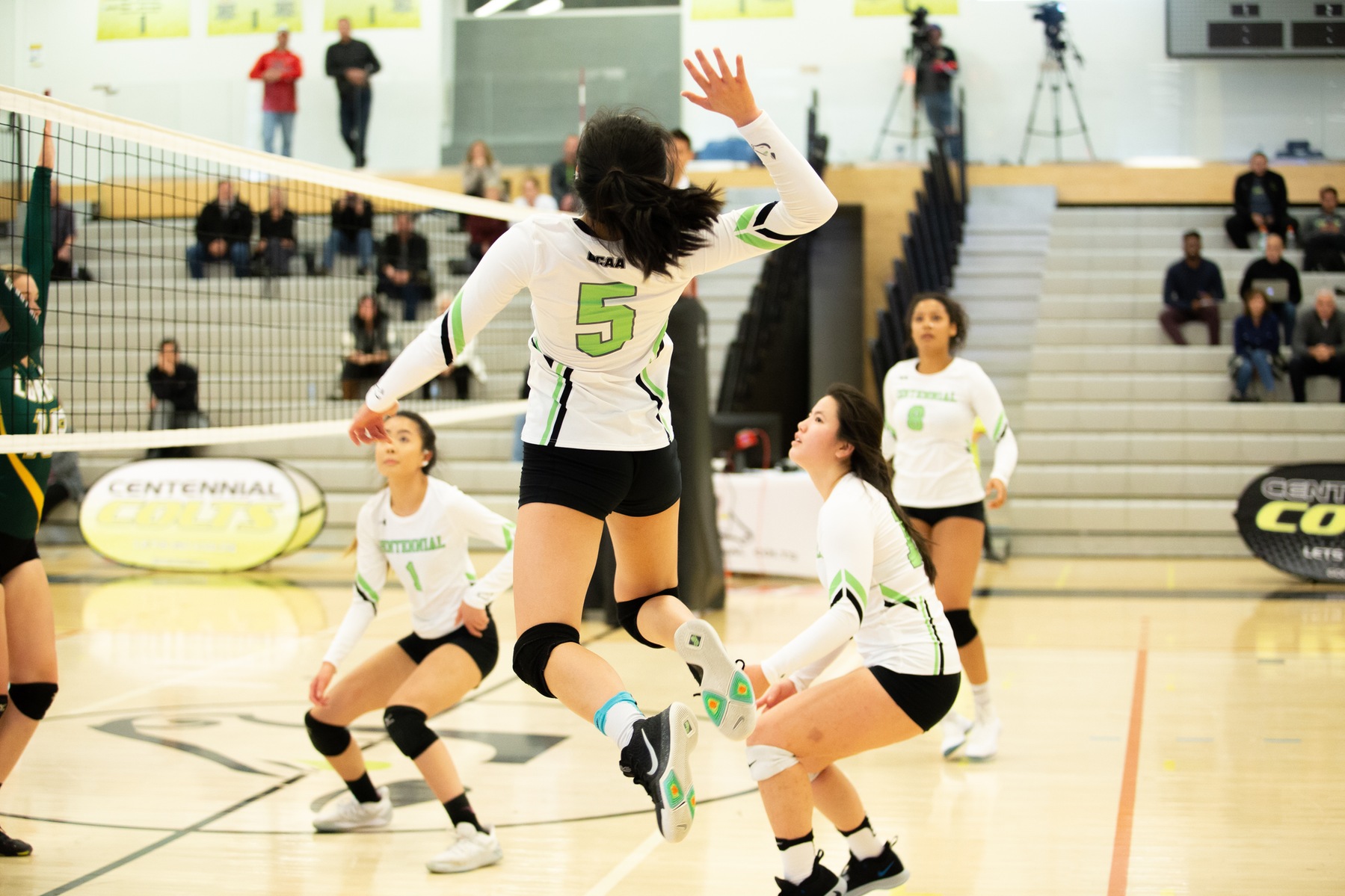 Centennial's Taylor Liou goes up to attempt a kill during the home opener at the Athletic and Wellness Centre between the Colts and the Durham Lords. Durham won the game in four sets. (Nicole Ventura/Colts Media)