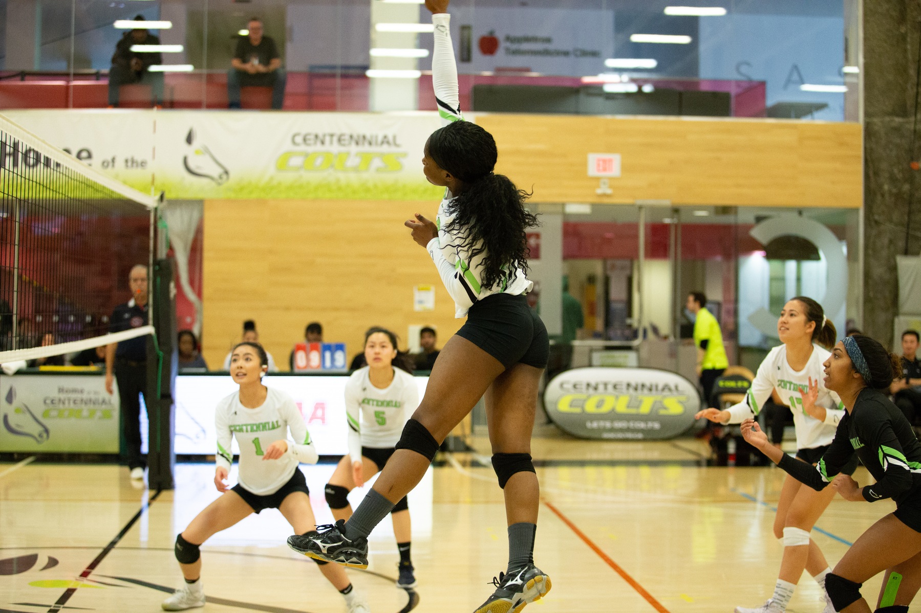 Stella Dada goes sky high for the kill during second set action in what was an easy win for the Centennial Colts against the Fleming Knights. (Nicole Ventura/Colts Media)
