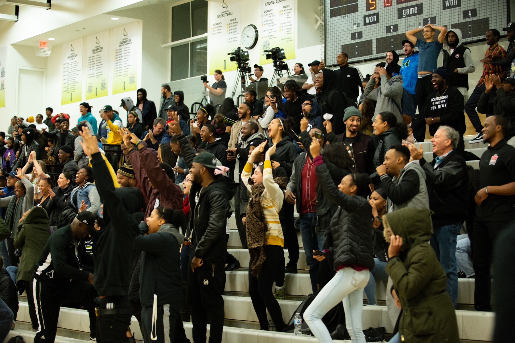 The fans at the Athletic and Wellness Centre go absolutely bonkers as Kyrin Henlin hits the go-ahead triple in the Centennial Colts' 72-71 victory over the defending CCAA champion Seneca Sting (Nicole Ventura/Colts Media).
